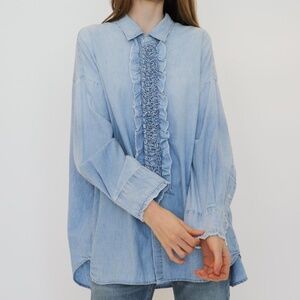 R13 Oversized Denim Tuxedo Shirt in Nell Blue - XS
